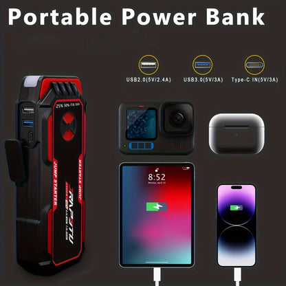 2500A Peak Car Jump Starter Portable – 12V Battery Booster Pack with USB-A & USB-C Ports, LED Flashlight, 10000mAh Power Bank