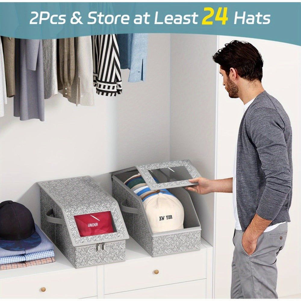 Stackable Baseball Cap Storage Box with Clear Viewing Window, Hat Organizer for Closet Holds Up to 30 Caps