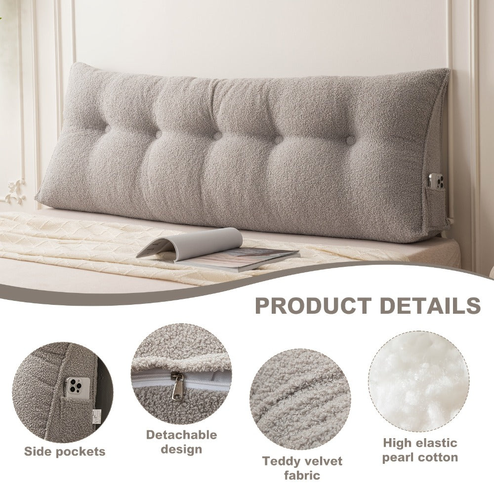 Bed Wedge Pillow Headboard Pillow with Side Pockets Removable Cover Teddy Velvet Reading Pillow Twin Queen King