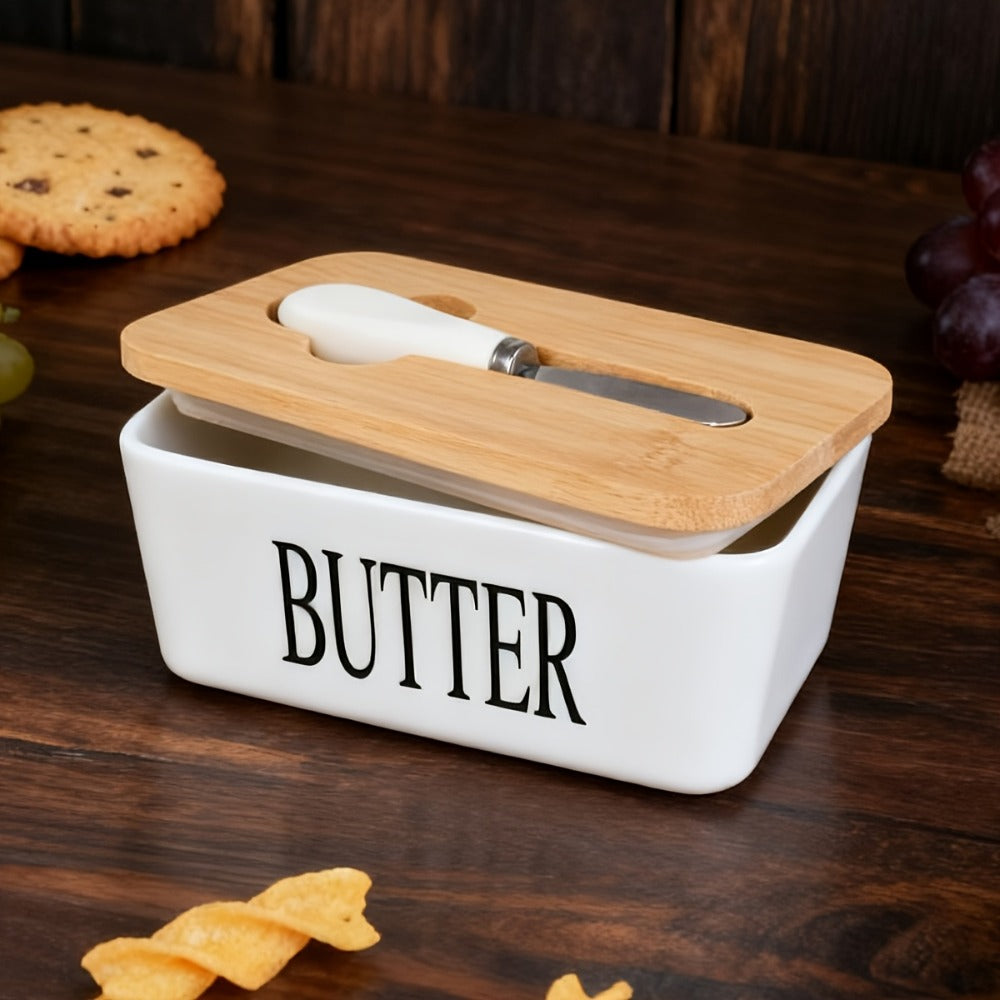 Ceramic Butter Dish with Lid and Knife, Large Countertop Butter Keeper, Airtight Seal, Easy-Clean Design