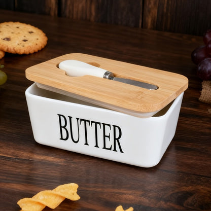 Ceramic Butter Dish with Lid and Knife, Large Countertop Butter Keeper, Airtight Seal, Easy-Clean Design