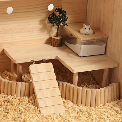 Hamster Climbing Toy – Two-Tier Wooden Platform with Stairs & Hiding Spot, Small Animal Cage Accessory for Golden Hamster, Gerbil, Mouse