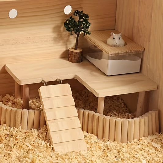 Hamster Climbing Toy – Two-Tier Wooden Platform with Stairs & Hiding Spot, Small Animal Cage Accessory for Golden Hamster, Gerbil, Mouse