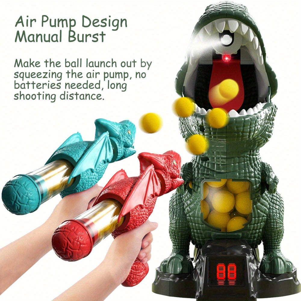 Dinosaur Shooting Toy Set for Kids, Air Pump Foam Bullet Blaster with Moving Dinosaur Targets, Twin Pistol
