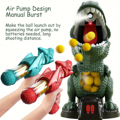 Dinosaur Shooting Toy Set for Kids, Air Pump Foam Bullet Blaster with Moving Dinosaur Targets, Twin Pistol