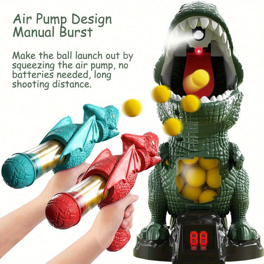 Dinosaur Shooting Toy Set for Kids, Air Pump Foam Bullet Blaster with Moving Dinosaur Targets, Twin Pistol