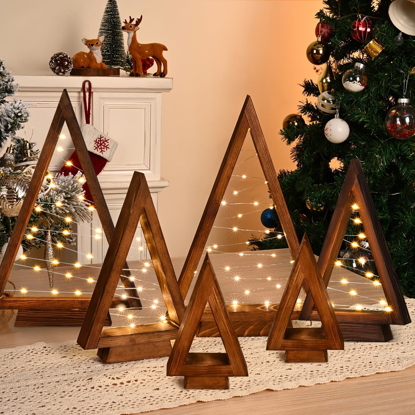 Wooden Light-Up Desktop Christmas Trees USB Powered - Mini Lighted Wood Tree Set for Holiday Decoration