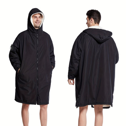 Changing Robe Fleece Lined Hooded – Long Sleeve Windproof Warm Surf Poncho for Swimming, Surfing, Diving, Camping & Hiking – 43.3x31.5in
