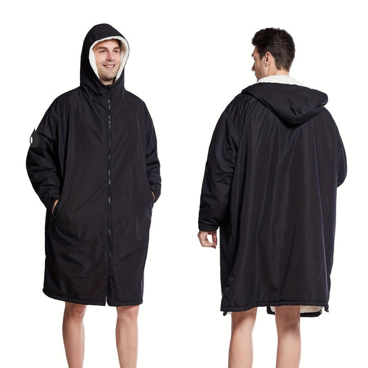 Changing Robe Fleece Lined Hooded – Long Sleeve Windproof Warm Surf Poncho for Swimming, Surfing, Diving, Camping & Hiking – 43.3x31.5in