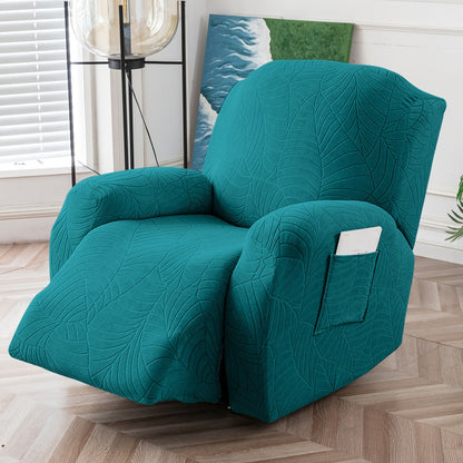 Recliner Chair Cover Slipcover 4-Piece Set – Leaf Jacquard Stretch Furniture Protector with Storage Pocket