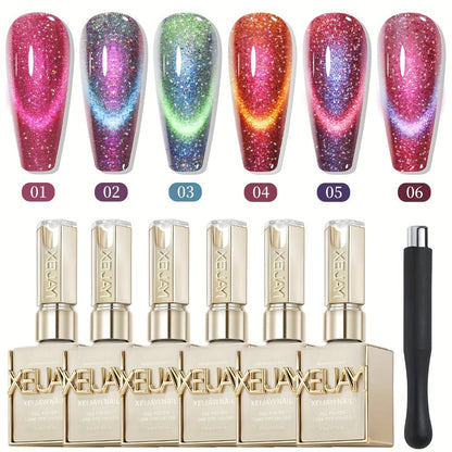 Cat Eye Gel Polish Set 6 Colors Holographic Magnetic – Dynamic Elf Reflective Soak Off UV LED Nail Gel 0.51oz Each | Multidimensional