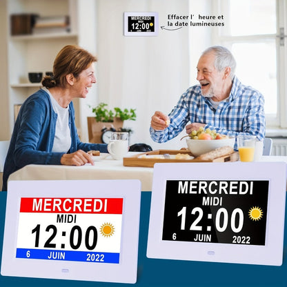 Digital Photo Frame Clock Large Display Calendar Alarm Clock for Seniors USB Powered Supports for Entryways, Bedrooms and Living Spaces