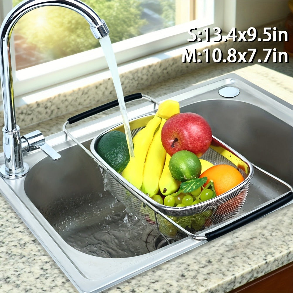 Expandable Sink Colander Stainless Steel, Over the Sink Strainer Basket with Fine Mesh & Rubber Grip