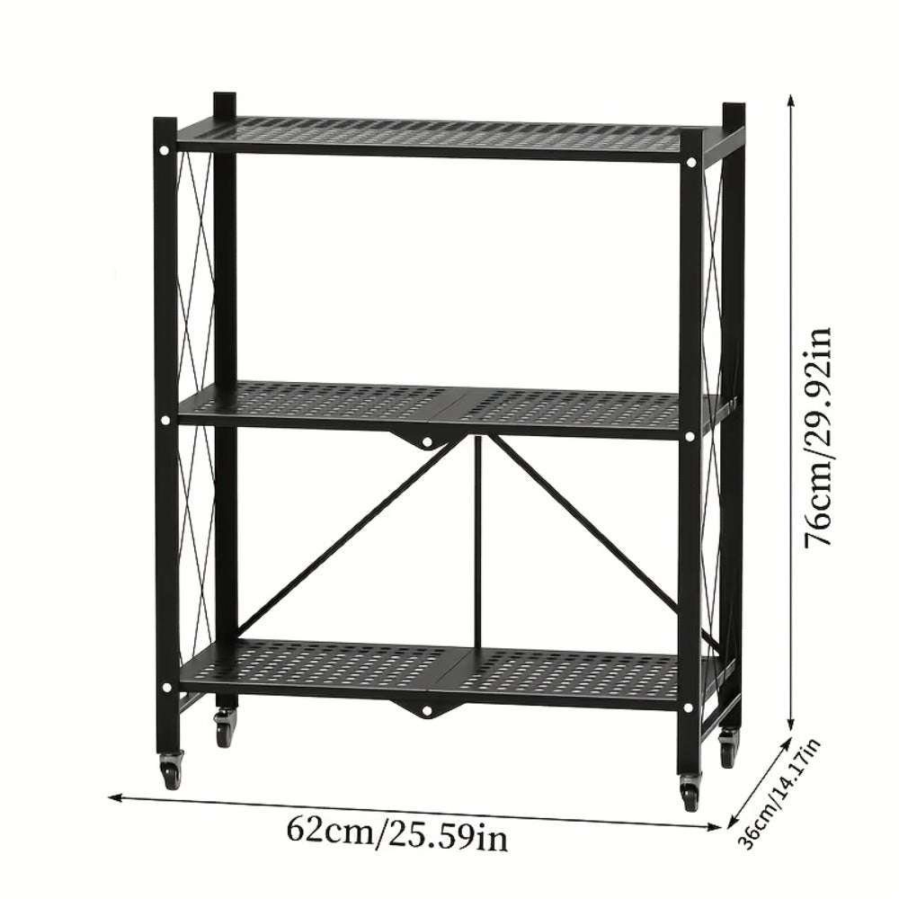 Three-to-Five-Tier Folding Storage Rack with Metal Shelves, Caster Wheels and Black or White Finish