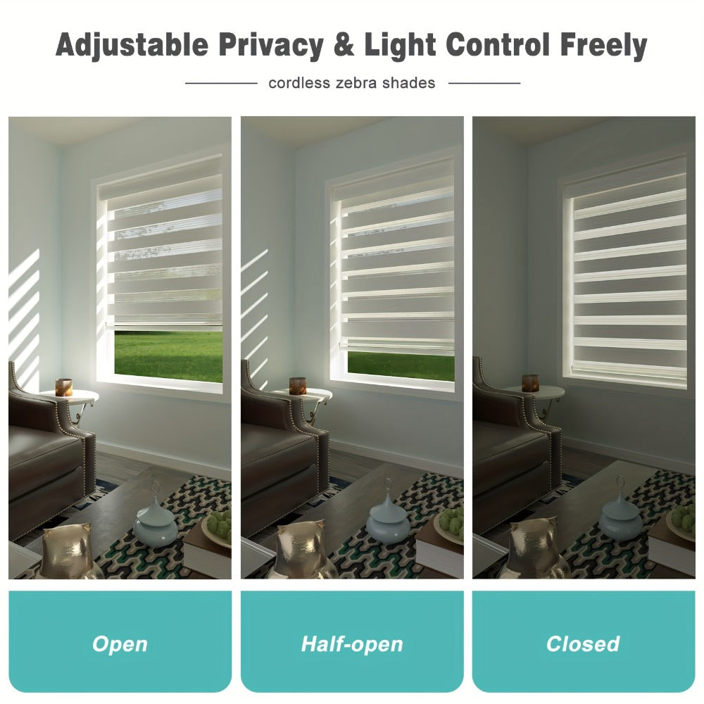 Cordless Zebra Roller Shade with Valance, Day Night Window Blind, Dual Layer Window Treatment Mesh Opaque Fabric