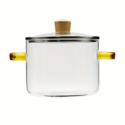1.6L Transparent Glass Cooking Pot with Lid and Green or Yellow Side Handles for Soup, Noodles and Milk