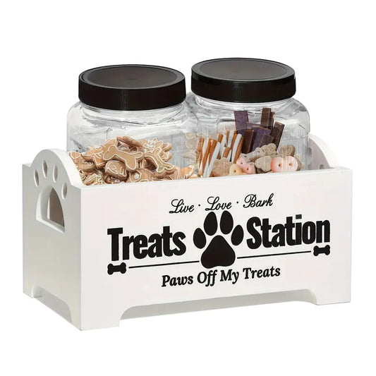 Dog Treat Storage Container Set – Rustic Wooden Organizer with 2 Plastic Treat Bins, Airtight Pet Food Storage for Kitchen Counter