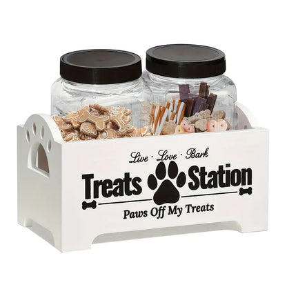 Two-Jar Pet Treat Station with Clear Canisters and Black or White Wood Holder for Countertop Storage
