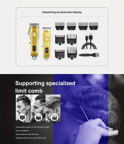 Hair Clipper WEEME 819 Gold or Silver Two-Tool Set with LCD Displays, USB Charging and Eight Guide Combs