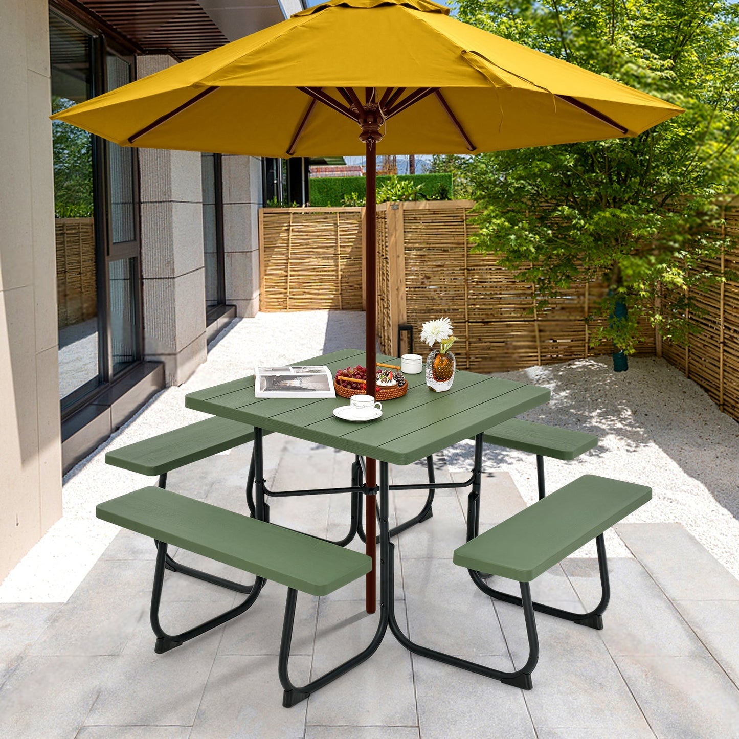 Outdoor Picnic Table 8-Person, Square HDPE Table with 4 Built-in Benches, Umbrella Hole, Metal Frame