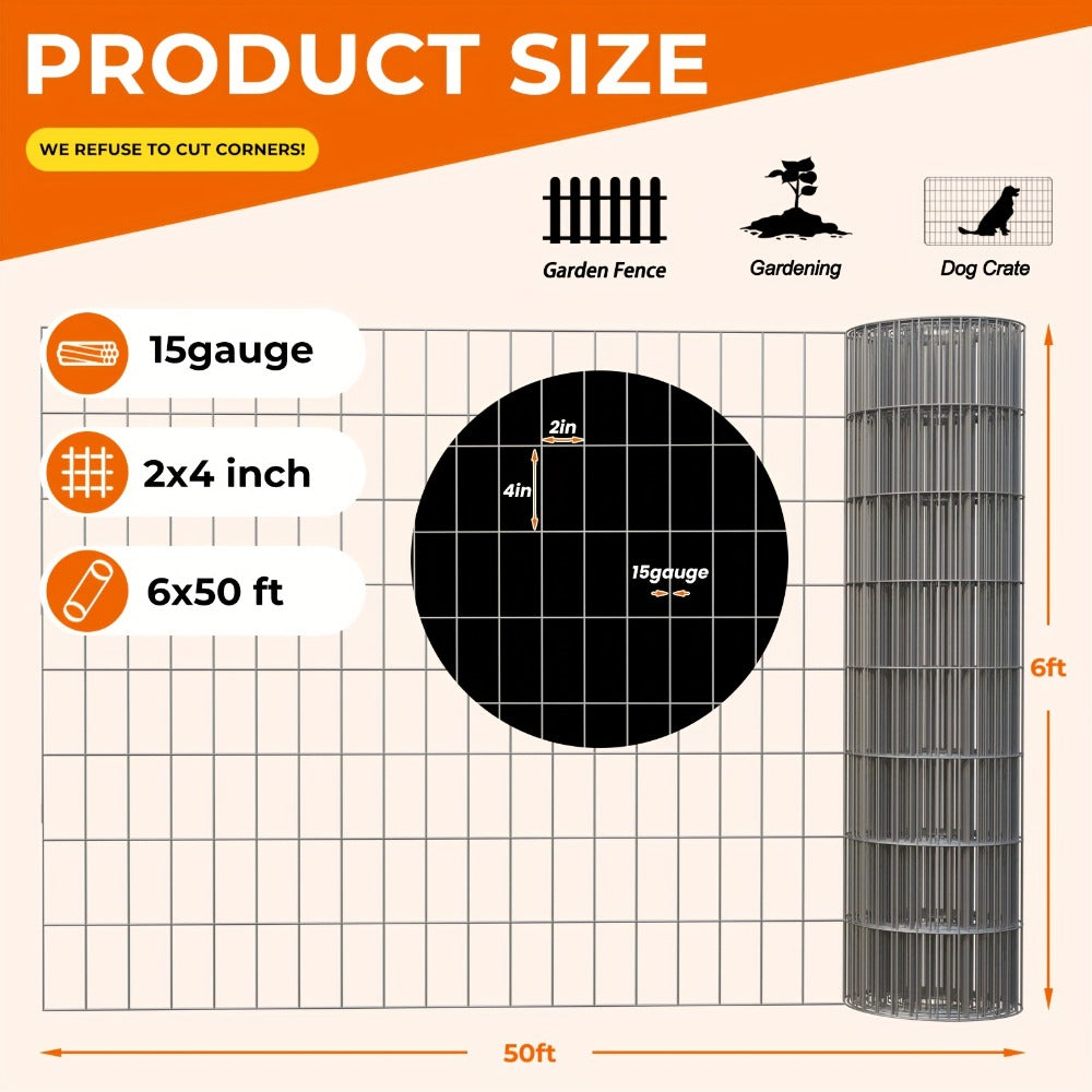 Welded Wire Mesh Fence Roll 50ft, Galvanized Zinc-Coated Steel Hardware Cloth for Chicken Coop, Garden Fence