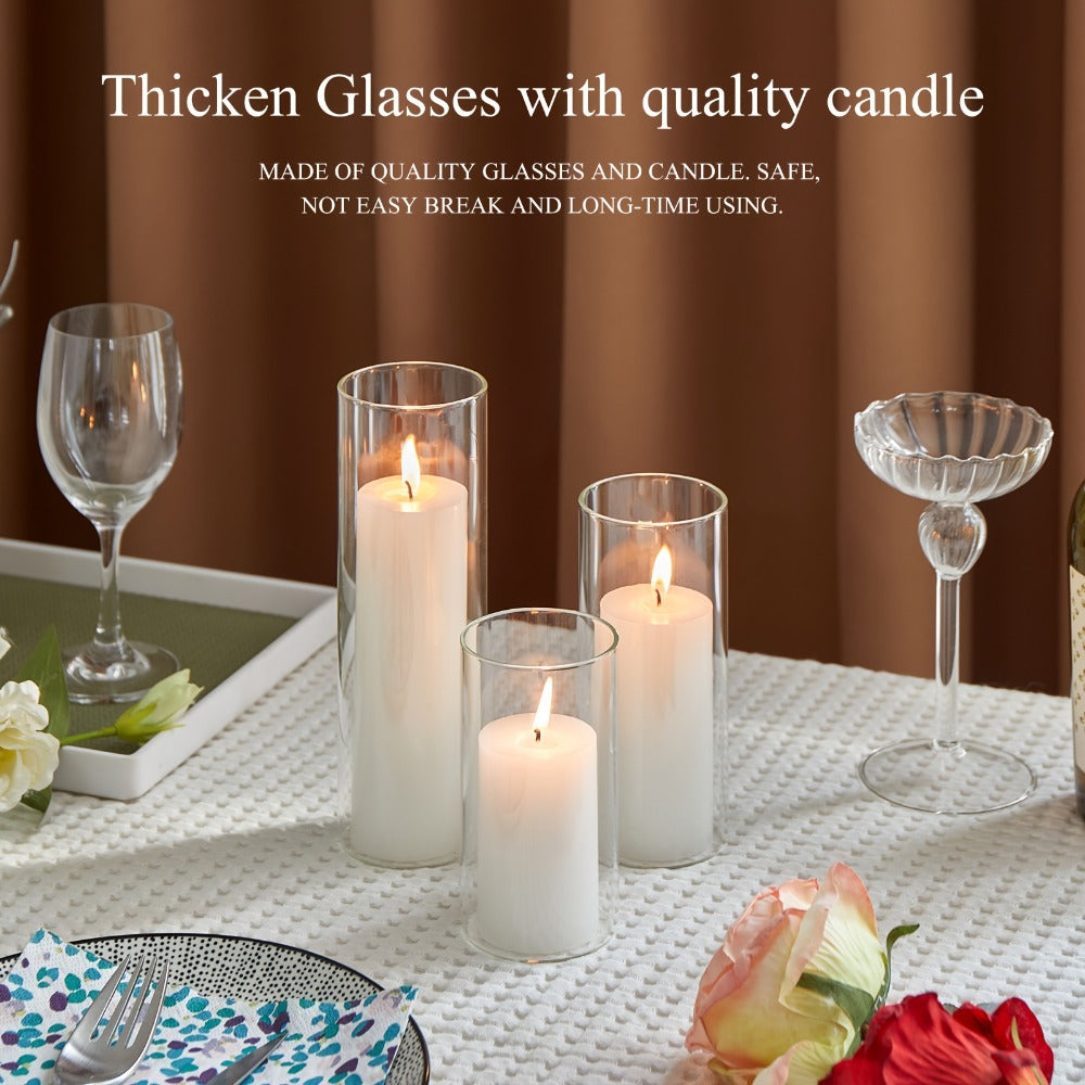 Pillar Candles with Clear Glass Hurricane Holders, Unscented White Cylinder Candles & Vases for Wedding Centerpieces