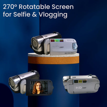 Portable 1080P Digital Camcorder with Rotating Screen & 32G Memory Card, Rechargeable Battery, Selfie Support
