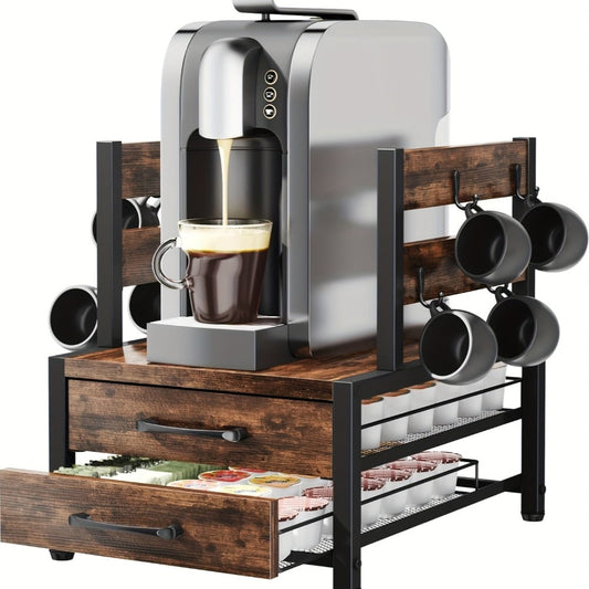 Kitchen Organizer Coffee Capsule and Mug Rack with Single or Double Layer Countertop Stand in Rustic Brown