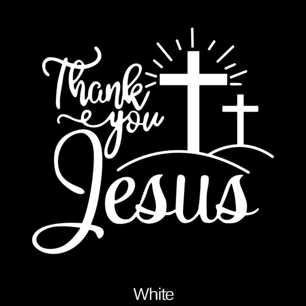 Thank You Jesus Cross Vinyl Decal Set, Four-Piece Design in Seven Colors for Vehicle Windows and Body Panels