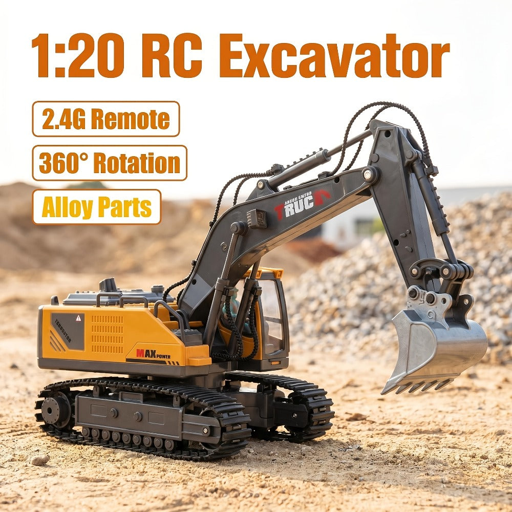 RC Excavator Toy for Kids Track Type 2.4GHz, 1200mAh Rechargeable Remote Control Construction Truck with Metal Shovel & LED Light