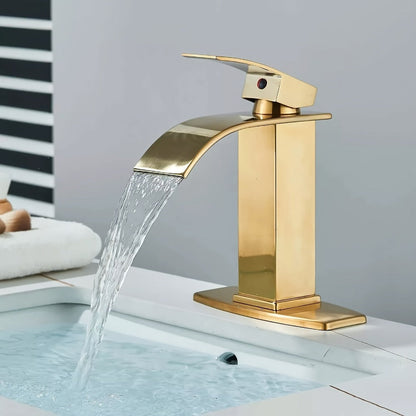 Waterfall Bathroom Sink Faucet, Single Hole or 3-Hole Mixer Tap with 6" Deck Plate, Ceramic Valve