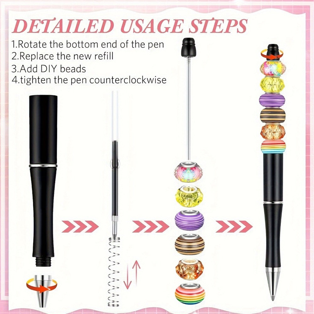 Beadable Pens Bulk 40/60pcs, DIY Bead Ballpoint Pens with Black Ink Shaft, Assorted Random Colors for DIY Crafts