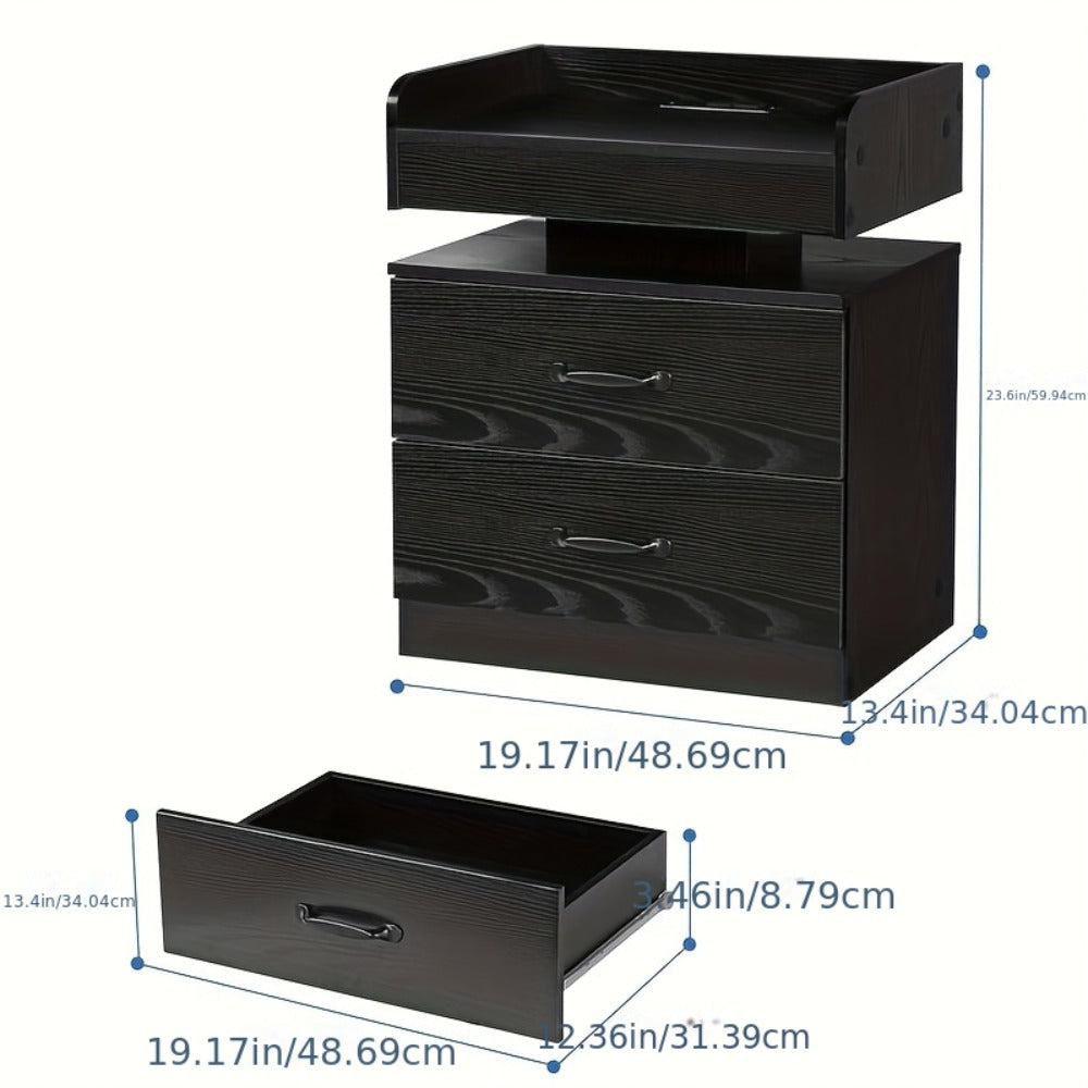 Wooden Nightstand with LED Ambient Light & Charging Station, Fabric Drawer, Blue Glow for an Everyday Personal Care Routine