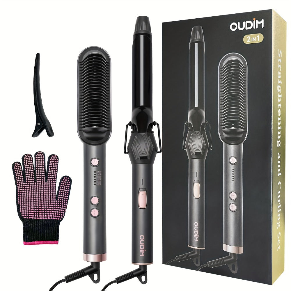 Hair Straightener & Curling Iron Set for Women, Flat Iron Straightening Brush, Anti-Scald, Precise Temperature Control