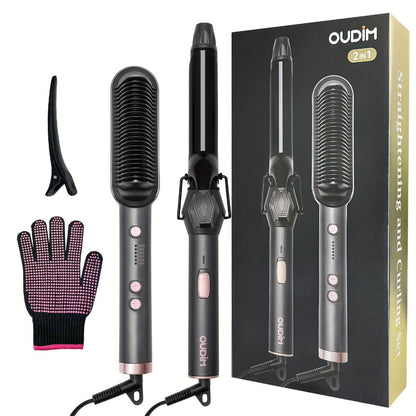 Hair Straightener & Curling Iron Set for Women, Flat Iron Straightening Brush, Anti-Scald, Precise Temperature Control