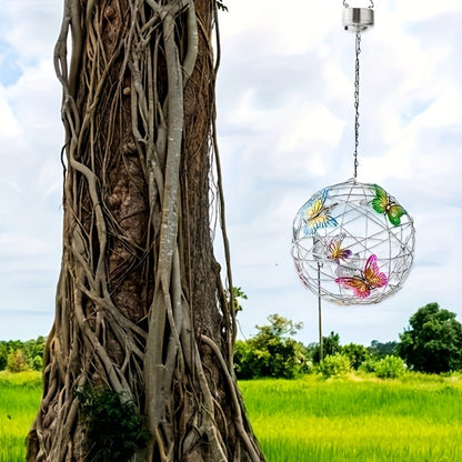 Solar Butterfly Lantern Outdoor Metal Iron Hanging Solar Light, Auto On at Dusk, White & Color Light