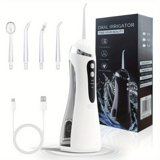 Water Flosser Portable Three-Mode Oral Irrigator with Brush Head Attachment, USB Charging and White, Black or Pink Options