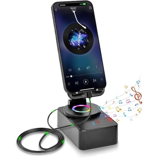 Induction Wireless Speaker Phone Holder Stand 3-in-1, Foldable Tabletop Mount with Stereo Bass Amplifier