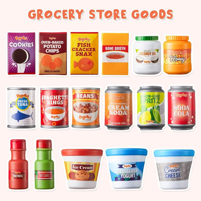 30 Pcs Play Food Grocery Cans Set - Pretend Kitchen Toy with Drinks, Juice, Snacks & Yogurt, Safe