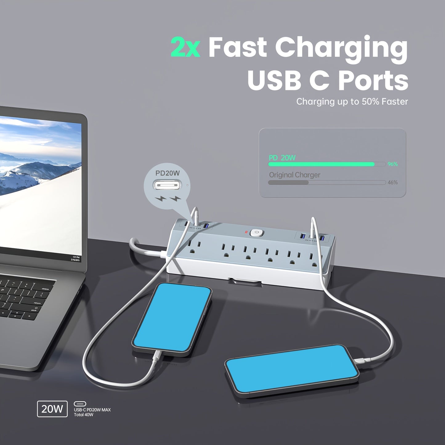 Power Strip Desk Clamp 12-in-1 with 6 AC Outlets, 4 USB-A, Dual PD 20W USB-C and 1800J Surge Rating