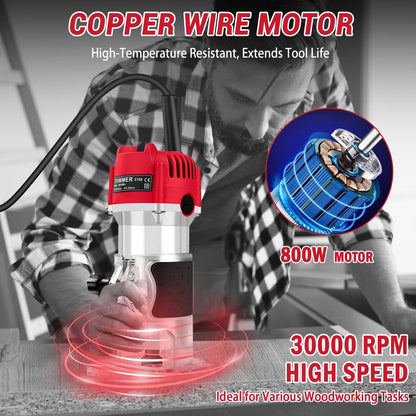 Compact 800W Wood Router Kit in Red or Blue with 15-Piece 1/4-Inch Bit Set and Guide Accessories