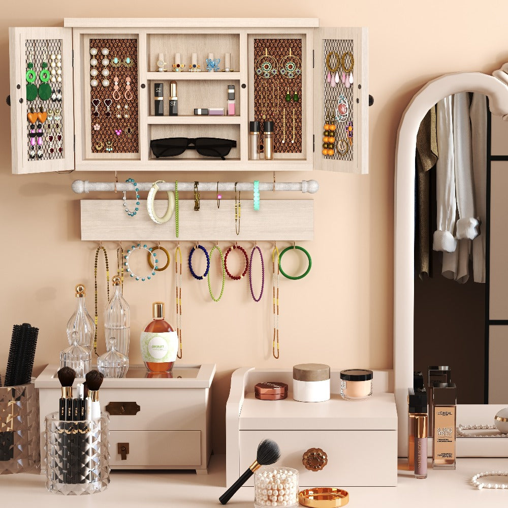 Jewelry Organizer Rustic Wall-Mounted Wood Shelf with Removable Bracelet Rod, Necklace Hooks and Ring Slots