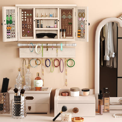Jewelry Organizer Rustic Wall-Mounted Wood Shelf with Removable Bracelet Rod, Necklace Hooks and Ring Slots