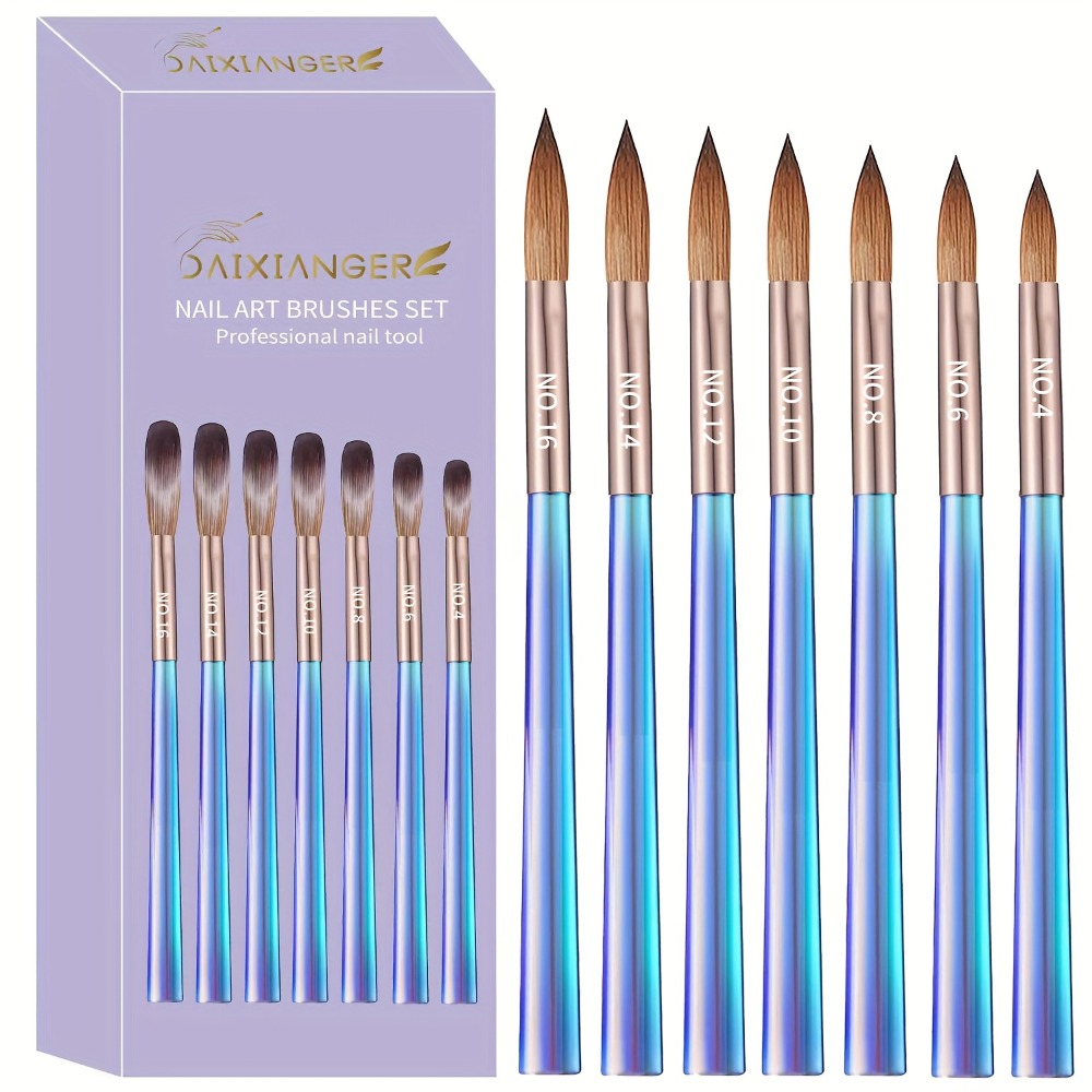 Nail Art Brush Set 7Pcs Aurora Blue Handle – Professional Acrylic Gel UV Nail Painting Brushes for Sculpting Dotting Liner Drawing