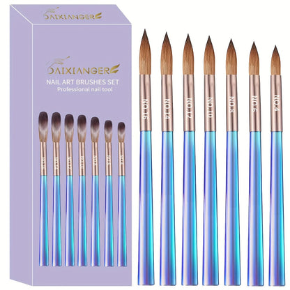 Nail Art Brush Set 7Pcs Aurora Blue Handle – Professional Acrylic Gel UV Nail Painting Brushes for Sculpting Dotting Liner Drawing
