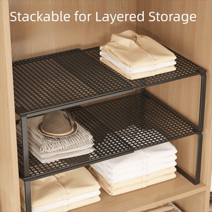 Expandable Storage Rack with Retractable Metal Shelf, Stackable Layout and Black Black Version