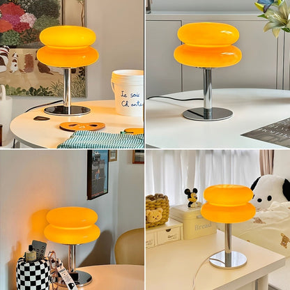 Table Lamp with Orange Three-Tier Glass Mushroom Shade, Metal Stand and Dimmable Bedside Format