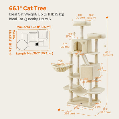 Cat Tree Tower Multi-Level Condo – 44in & 66in with Cozy Cave, Plush Hammock, 4 Sisal Scratching Posts & 2 Perches | Anti-Tilt Stable Cat