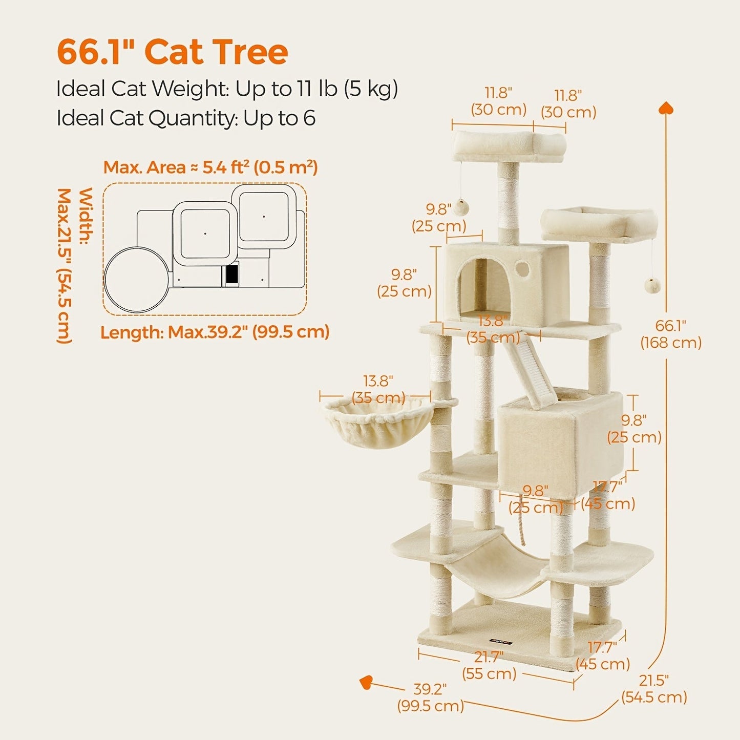 44- or 66-Inch Cat Tree Condo with Cave, Hammock, Raised Platforms and Four Color Options for Indoor Cats