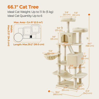 44- or 66-Inch Cat Tree Condo with Cave, Hammock, Raised Platforms and Four Color Options for Indoor Cats